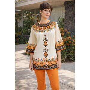 Vintage Alfred Shaheen Womens Tunic Top Sz Small Boho Yellow Orange Rich Hippie